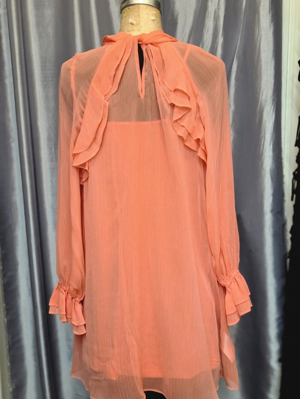 NWT  DKNY Romantic Coral Crush  Ruffle Tie Neck Dress(or Blouse) Size 4